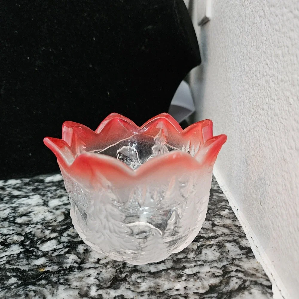 Vintage Red Trimmed Frosted Glass Candle Holder Winter‎ Scene Christmas Decor